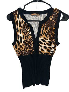 Belldini Leopard Print Ribbed Knit Sleeveless Top Size Large Statement Mob Wife